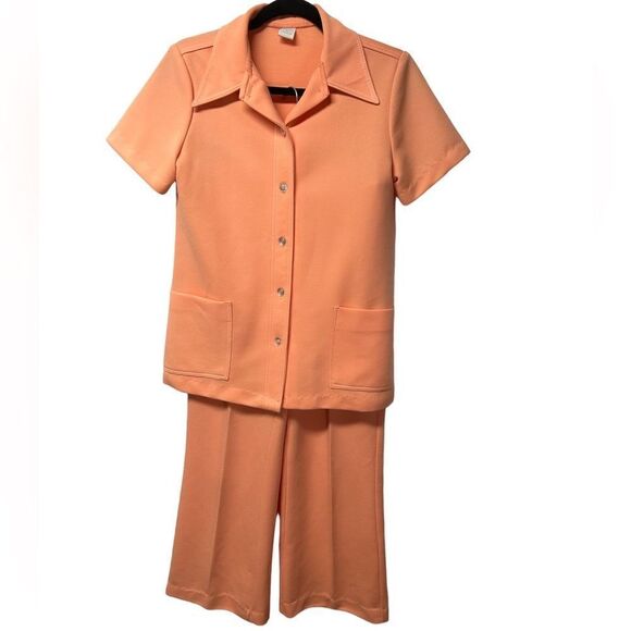 Vintage Orange Matching Top and Bottom Set Peach Coral Polo Button Up Suit Set - Picture 1 of 9